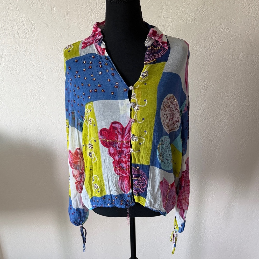 EUC BOSTON PROPER Colorful Women's Top with Floral Design SIZE MED
